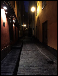 Narrow walkway along buildings at night