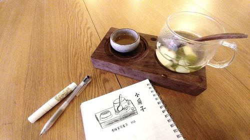 High angle view of drink on table