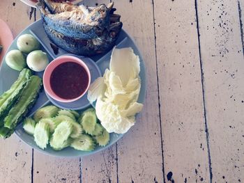 High angle view of food in plate on table