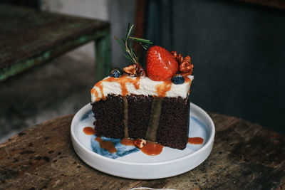 Close-up of cake in plate on table