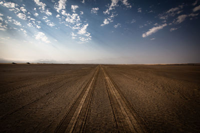 Tire tracks on road along landscape