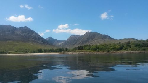 Scenic view of lake and mountains against sky