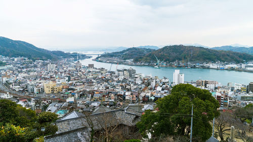 High angle view of cityscape in onomichi city, hiroshima, japan