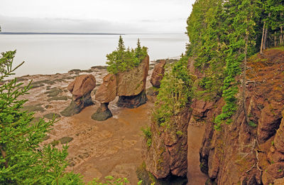 Rock formations by sea against sky