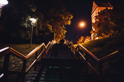 Footpath amidst illuminated trees against sky at night