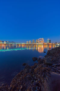 Scenic view of sea against clear blue sky at dusk