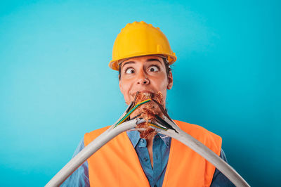 Low angle view of statue against clear blue sky