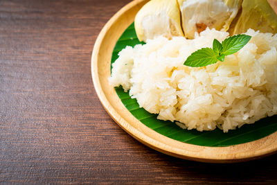 High angle view of food in plate on table