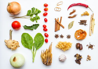 Directly above shot of ingredients on white background