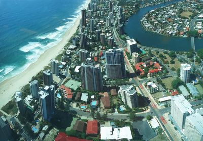 High angle view of modern buildings in city