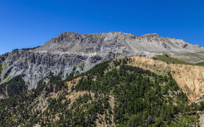 Scenic view of rocky mountains against clear blue sky