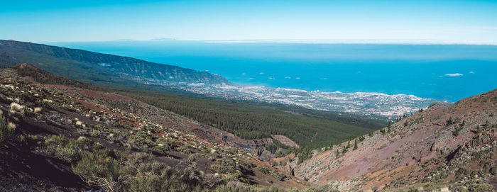 High angle view of landscape and mountains against sky