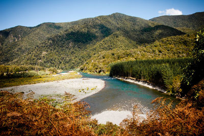 Scenic view of river amidst mountains against sky