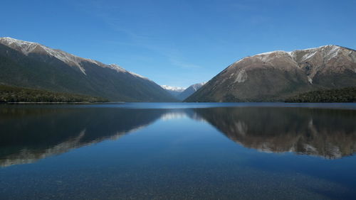 Scenic view of lake and mountains against blue sky