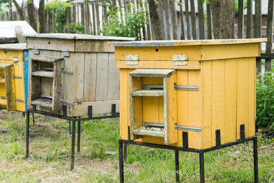 Wooden beehive with the family of bees