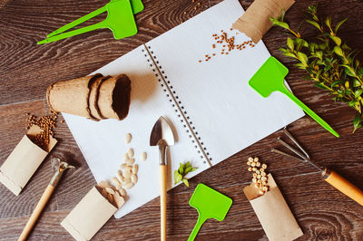 High angle view of paper on table