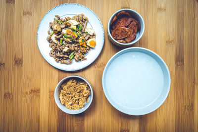 High angle view of breakfast served on table