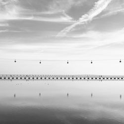 Birds flying over sea against sky