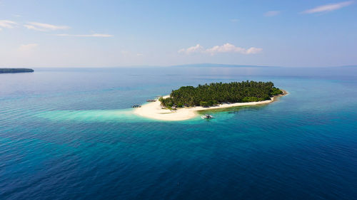 White sand beach with coconut trees, top view. digyo island, philippines. 