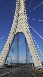 Low angle view of suspension bridge against sky