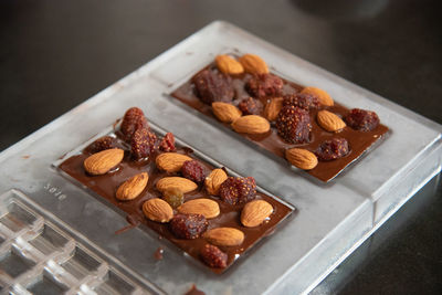 High angle view of dessert in container on table