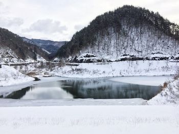 Scenic view of snow covered mountains