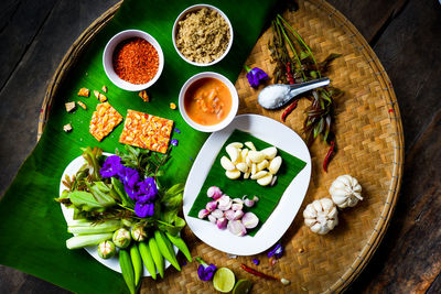 High angle view of ingredients on wicker basket