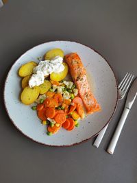 High angle view of meal served in plate