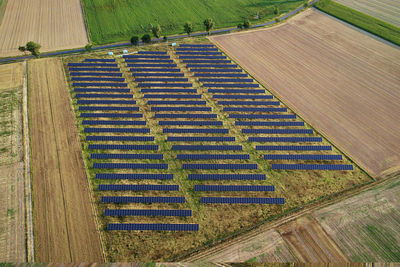 Solar energy production using solar panels in field, view from above