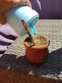 Close-up of hand holding potted plant on table