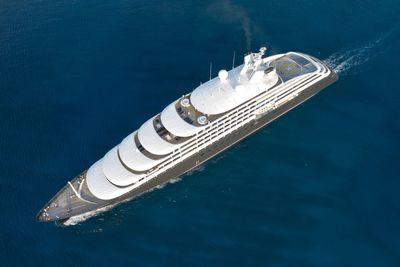 High angle view of ship sailing in sea