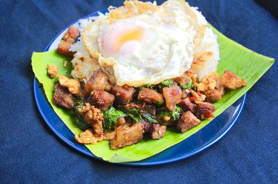 High angle view of food served in plate