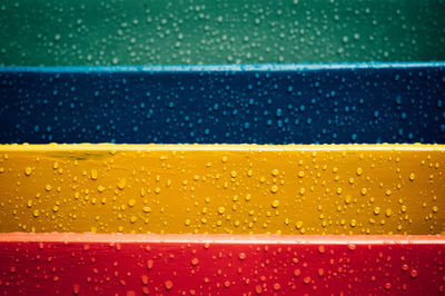 Close-up of waterdrops on glass against yellow water