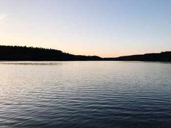 Scenic view of lake against clear sky during sunset