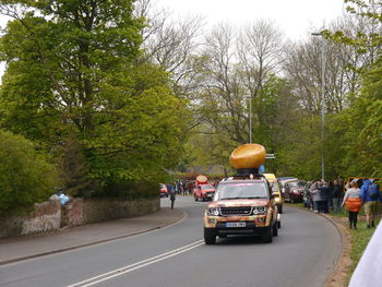 People on road by trees against sky