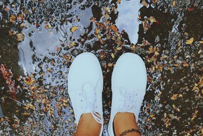 Low section of woman standing by autumn leaves in water