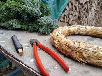 High angle view of wreath decorations on table