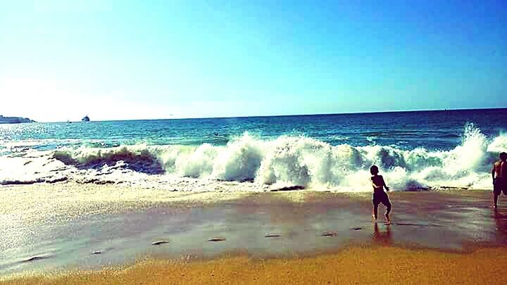 sea, horizon over water, water, beach, wave, leisure activity, shore, lifestyles, clear sky, full length, vacations, surf, rear view, copy space, men, scenics, beauty in nature, walking