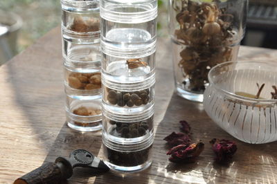 High angle view of glasses on table