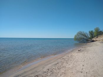 Scenic view of sea against clear blue sky