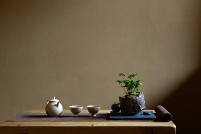 Close-up of potted plant on table against wall