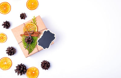 High angle view of fruits on table against white background