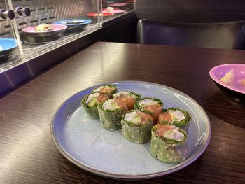 High angle view of food in plate on table