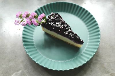 High angle view of cake in plate on table