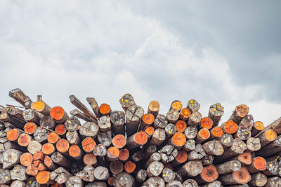 Low angle view of logs against sky