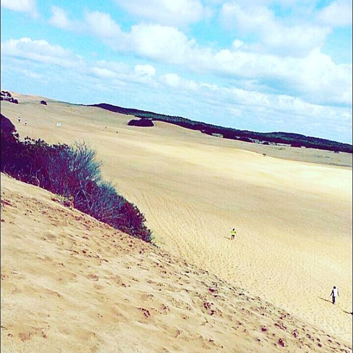 sand, beach, tranquil scene, sky, tranquility, water, scenics, sea, beauty in nature, shore, nature, cloud - sky, vacations, sand dune, idyllic, tourism, cloud, footprint, coastline, non-urban scene