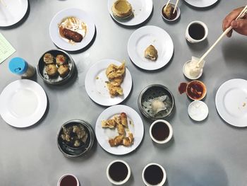 High angle view of breakfast on table