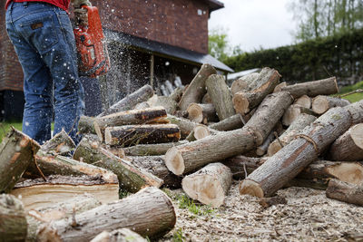 Cutting logs with chainsaw