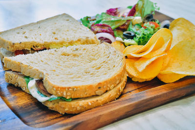 Close-up of sandwich with potato chips and salad on tray