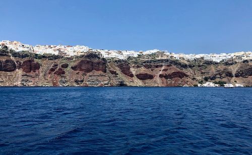 Scenic view of sea against clear blue sky